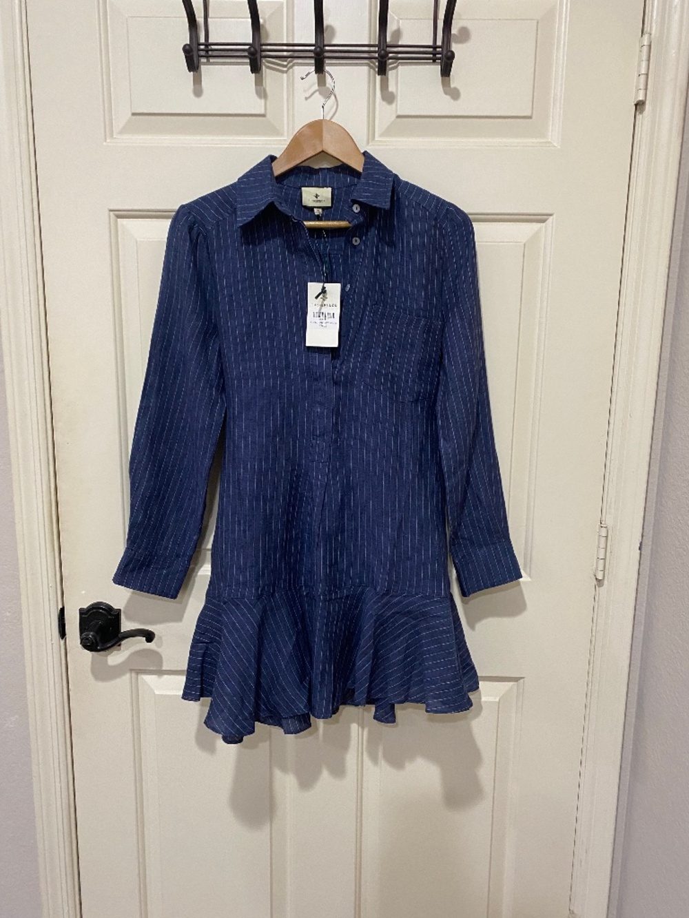 NWT Tuckernuck Callahan Blue Stripe Shirt Dress Ruffle Hem Size XS